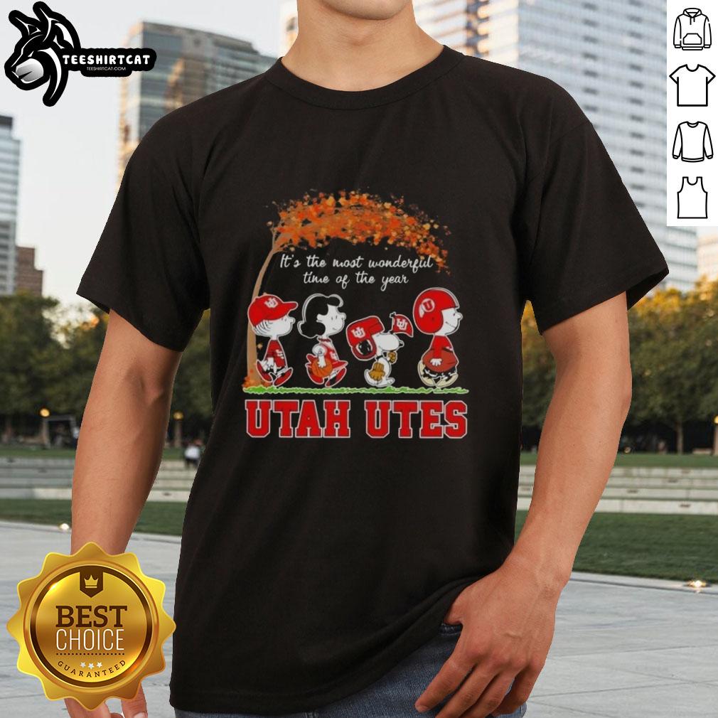 Premium Utah Utes X Peanuts Snoopy and Friends autumn T-shirt celebrating 'It's The Most Wonderful Time Of The Year' design.