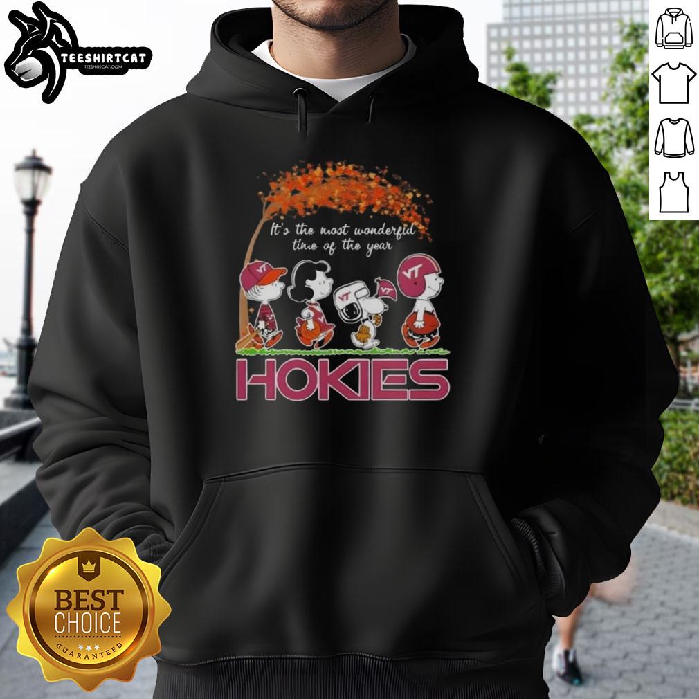 Premium Virginia Tech Hokies hoodie featuring Snoopy and friends celebrating autumn and the most wonderful time.