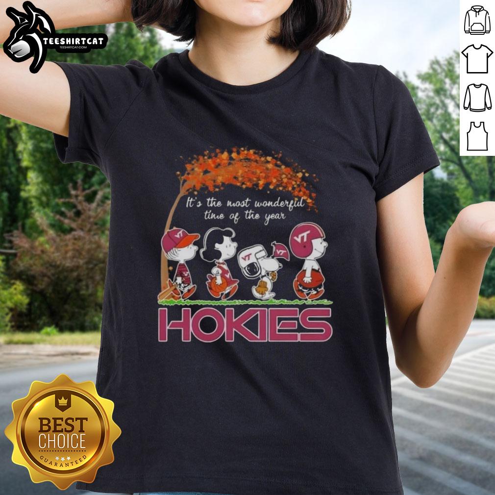 Premium Virginia Tech Hokies X Peanuts Snoopy autumn tee for ladies, perfect for celebrating the season.
