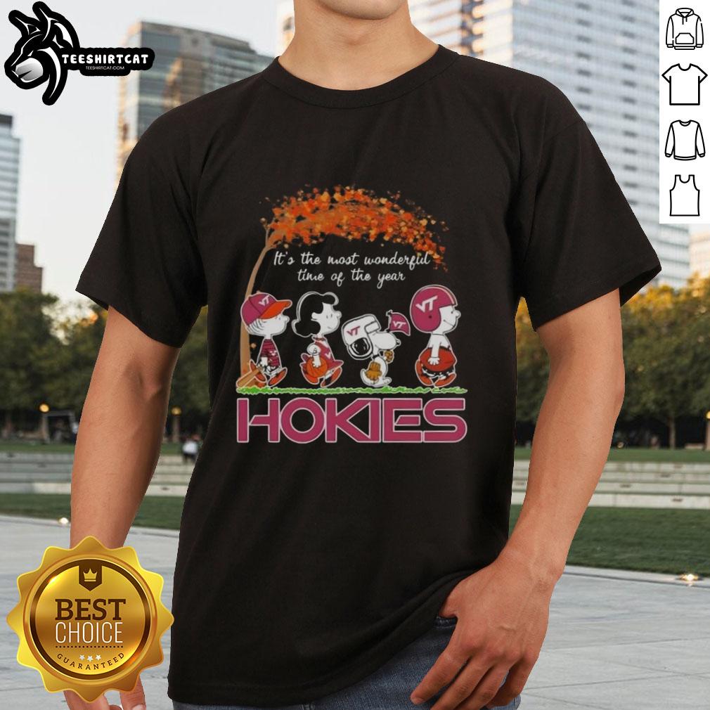 Alt Text: Premium Virginia Tech Hokies X Peanuts Snoopy and Friends autumn t-shirt celebrating the season's joy and school spirit.