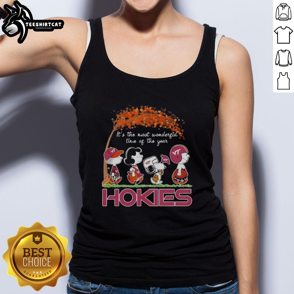 Premium Virginia Tech Hokies X Peanuts Snoopy and Friends autumn tank top featuring festive designs for fall celebrations.