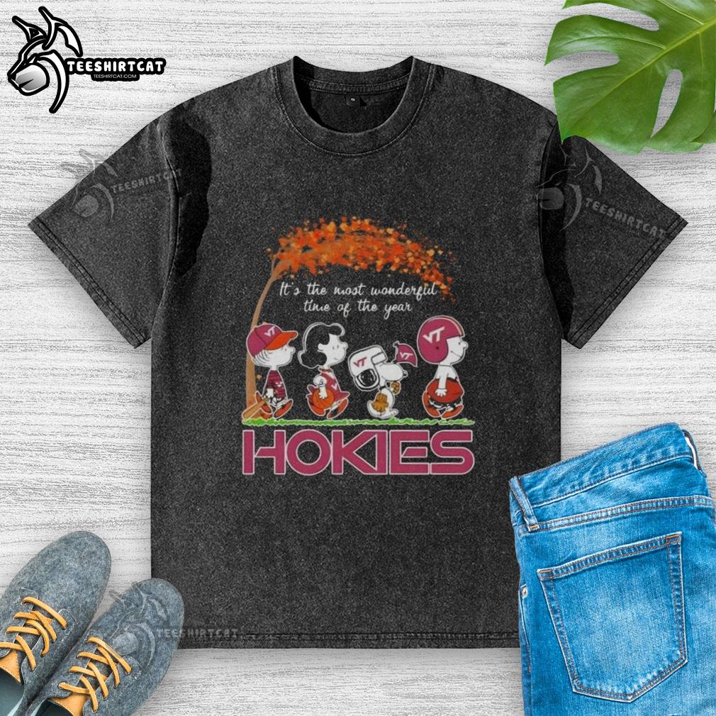 Premium Virginia Tech Hokies X Peanuts Snoopy and Friends autumn t-shirt featuring a festive design for fall celebrations.