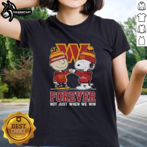Alt Text: Premium Washington Commanders X Charlie Brown vs Snoopy Forever tee for ladies, celebrating team spirit and fun.