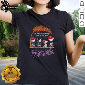 Alt Text: Premium Washington Nationals X Peanuts Snoopy and Friends Autumn Ladies Tee for a wonderful fall baseball season.