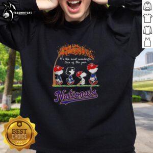 Alt Text: Premium Washington Nationals X Peanuts Snoopy and Friends sweatshirt, perfect for autumn and celebrating the season.