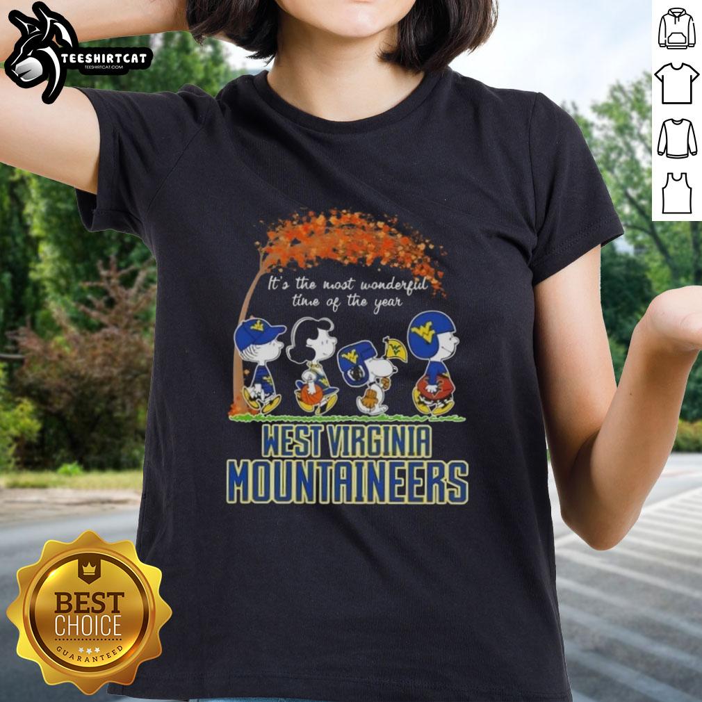 Alt Text: Premium West Virginia Mountaineers X Peanuts Snoopy and Friends autumn ladies tee for fall festivities.