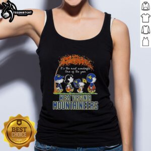 Premium West Virginia Mountaineers tank top featuring Snoopy and friends, perfect for autumn celebrations.