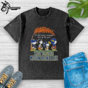 Alt Text: Premium West Virginia Mountaineers X Peanuts Snoopy and Friends Autumn T-Shirt, perfect for fall celebrations.