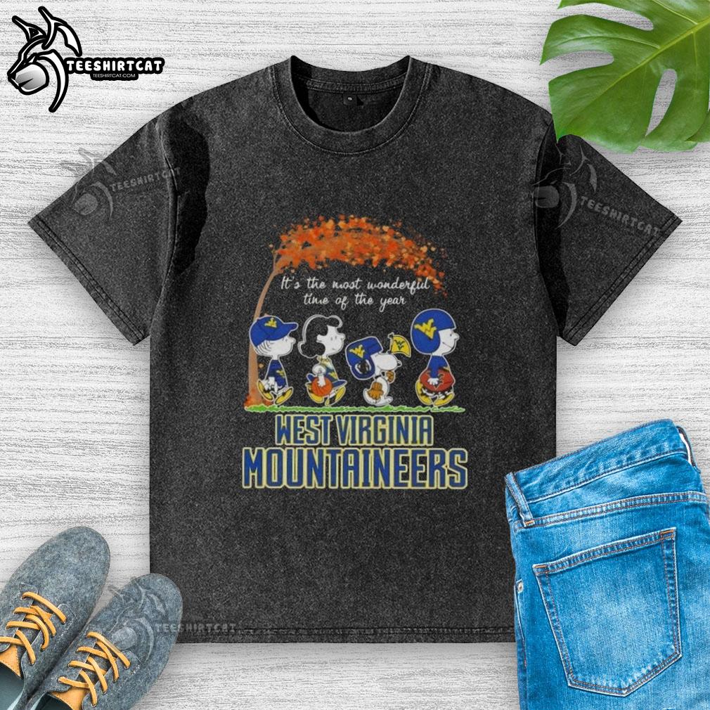 Alt Text: Premium West Virginia Mountaineers X Peanuts Snoopy and Friends Autumn T-Shirt, perfect for fall celebrations.