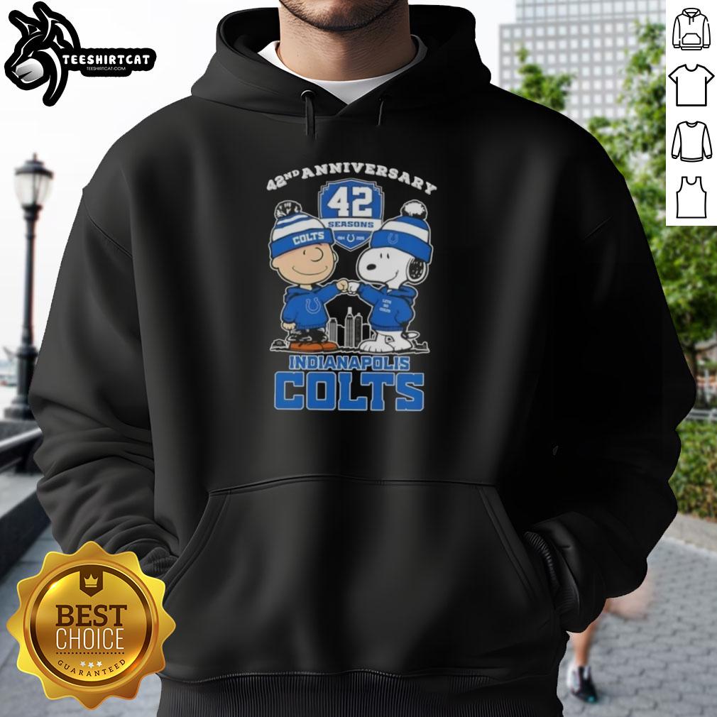 Pretty Charlie Brown and Snoopy 42nd Anniversary hoodie featuring Indianapolis Colts football skyline design.