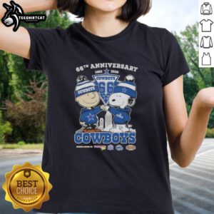 Alt Text: Pretty Charlie Brown and Snoopy 66th Anniversary 1960-2026 Dallas Cowboys Football Skyline Ladies Tee design.