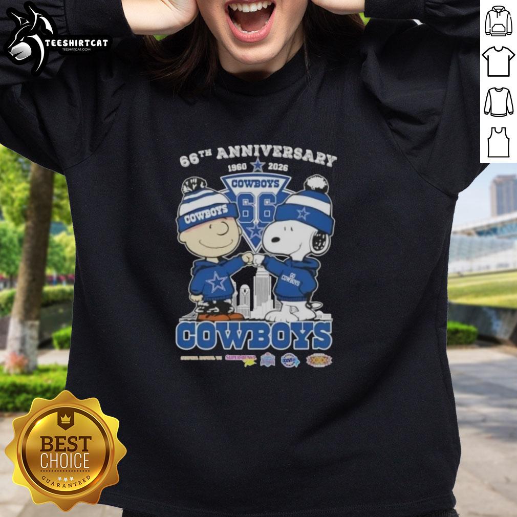 Alt Text: Pretty Charlie Brown and Snoopy sweatshirt celebrating 66th anniversary, featuring Dallas Cowboys skyline design.
