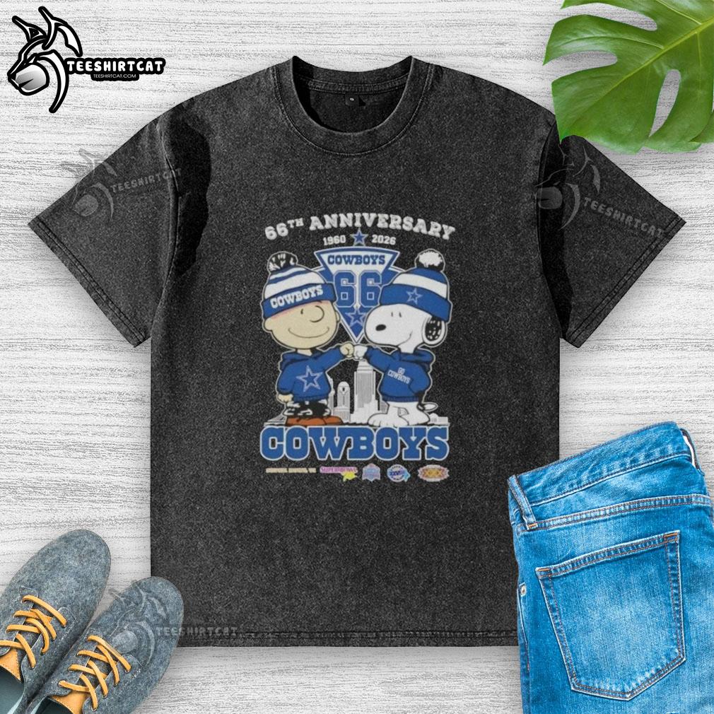Alt Text: Pretty Charlie Brown and Snoopy 66th Anniversary t-shirt featuring Dallas Cowboys skyline, perfect for fans.