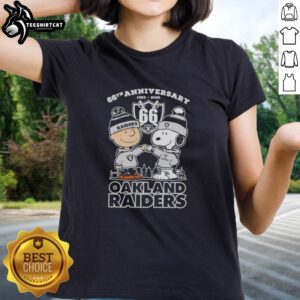 Pretty Charlie Brown and Snoopy 66th Anniversary Oakland Raiders Football Skyline Ladies Tee design, 1960-2026.