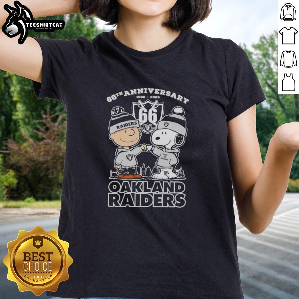Pretty Charlie Brown and Snoopy 66th Anniversary Oakland Raiders Football Skyline Ladies Tee design, 1960-2026.