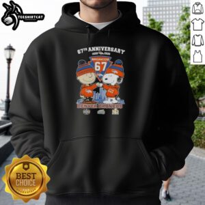 Pretty Charlie Brown and Snoopy hoodie celebrating 67th Anniversary with Denver Broncos football skyline design.