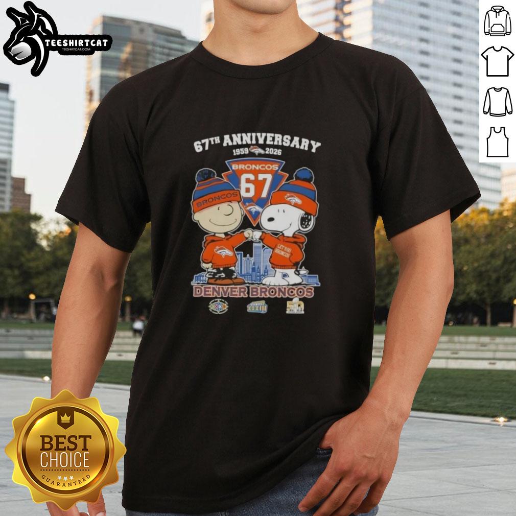Pretty Charlie Brown and Snoopy 67th Anniversary T-Shirt featuring Denver Broncos skyline, celebrating 1959-2026.