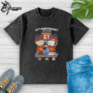 Alt Text: Pretty Charlie Brown and Snoopy 67th Anniversary t-shirt featuring Denver Broncos skyline, 1959-2026, in washed style.