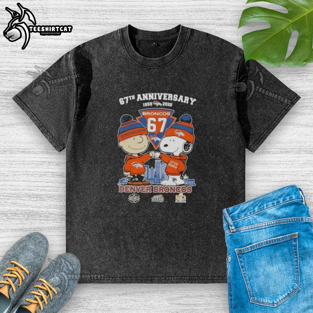 Alt Text: Pretty Charlie Brown and Snoopy 67th Anniversary t-shirt featuring Denver Broncos skyline, 1959-2026, in washed style.