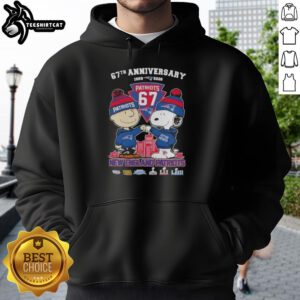Pretty Charlie Brown and Snoopy 67th Anniversary hoodie featuring New England Patriots skyline design, perfect for fans.