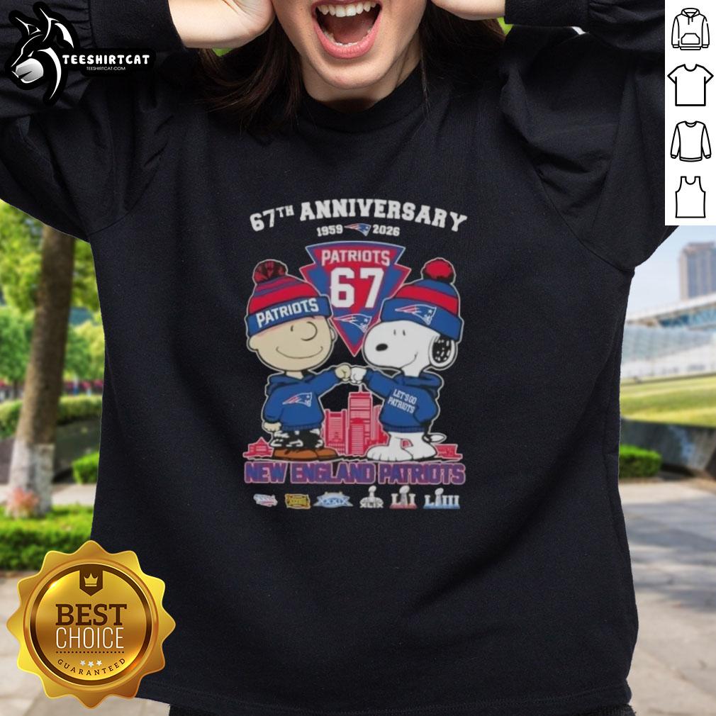 Alt Text: Pretty Charlie Brown and Snoopy 67th Anniversary sweatshirt featuring New England Patriots football skyline design.