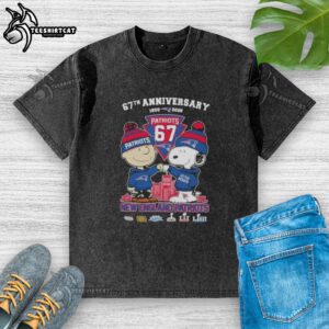 Alt Text: Pretty Charlie Brown and Snoopy 67th Anniversary t-shirt featuring New England Patriots football skyline design.