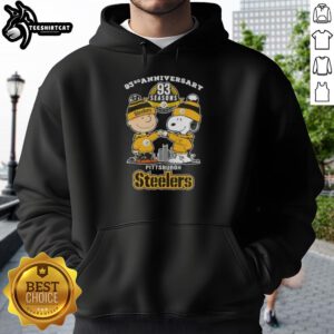 Alt Text: Pretty Charlie Brown and Snoopy hoodie celebrating 93rd anniversary with Pittsburgh Steelers football skyline design.