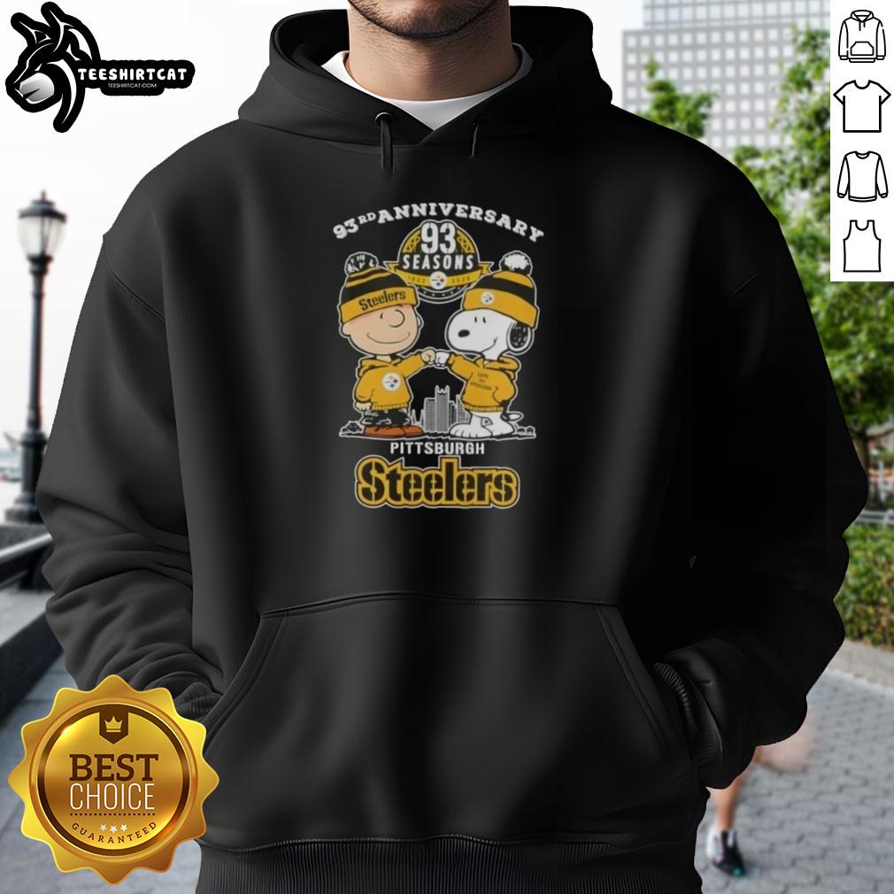 Alt Text: Pretty Charlie Brown and Snoopy hoodie celebrating 93rd anniversary with Pittsburgh Steelers football skyline design.