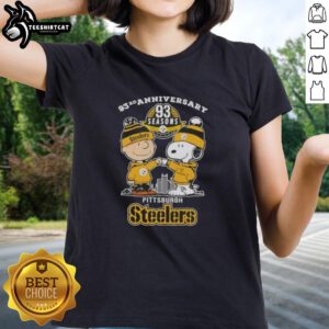 Pretty Charlie Brown and Snoopy 93rd Anniversary tee featuring Pittsburgh Steelers skyline, perfect for ladies' football fans.