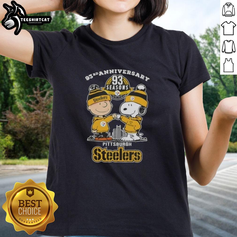 Pretty Charlie Brown and Snoopy 93rd Anniversary tee featuring Pittsburgh Steelers skyline, perfect for ladies' football fans.
