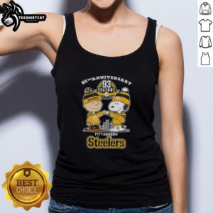 Pretty Charlie Brown and Snoopy 93rd Anniversary tank top featuring Pittsburgh Steelers football skyline design.