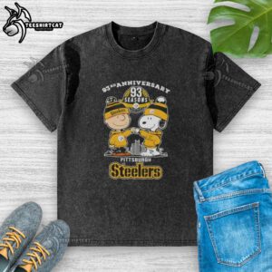 Alt Text: Pretty Charlie Brown and Snoopy 93rd Anniversary Pittsburgh Steelers Football Skyline Washed T-Shirt design.