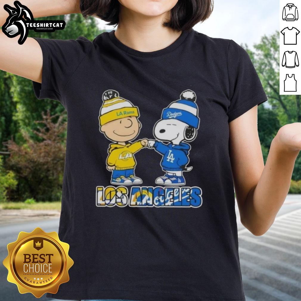 Pretty Charlie Brown fist bump with Snoopy on a Los Angeles Rams x Dodgers ladies tee design.