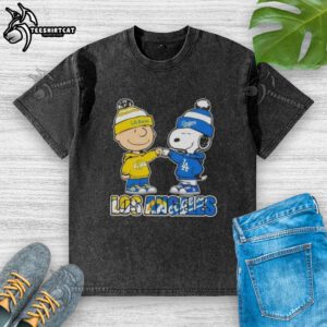 Pretty Charlie Brown fist bump with Snoopy, celebrating Los Angeles sports, featuring Rams and Dodgers washed t-shirt design.