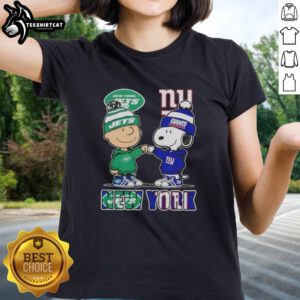 Pretty Charlie Brown fist bump with Snoopy in New York City sports Jets and Giants ladies tee design.