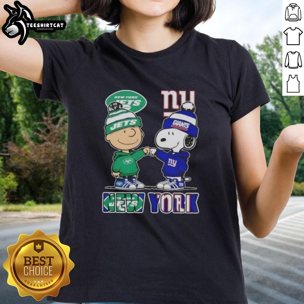 Pretty Charlie Brown fist bump with Snoopy in New York City sports Jets and Giants ladies tee design.