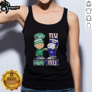 Pretty Charlie Brown fist bump with Snoopy in NYC, featuring Jets and Giants tank top design.