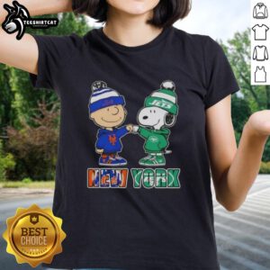 Pretty Charlie Brown fist bump with Snoopy in NYC sports theme featuring Knicks and Jets on a ladies tee.