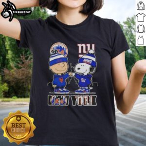 Pretty Charlie Brown fist bump with Snoopy against NYC skyline, featuring Mets and Giants for ladies' tee design.