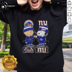 Pretty Charlie Brown fist bump with Snoopy, NYC skyline, Mets, Giants sweatshirt design for sports fans.
