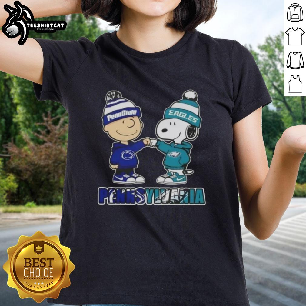 Pretty Charlie Brown fist bump with Snoopy, celebrating Nittany Lions and Philadelphia Eagles on ladies tee.