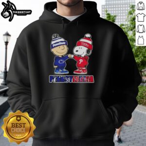 Alt Text: Pretty Charlie Brown fist bump with Snoopy in Pennsylvania City, featuring Nittany Lions X Phillies hoodie design.