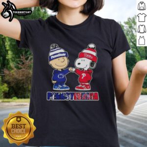 Alt Text: Pretty Charlie Brown fist bump with Snoopy in Pennsylvania, featuring Nittany Lions and Philadelphia Phillies ladies tee.