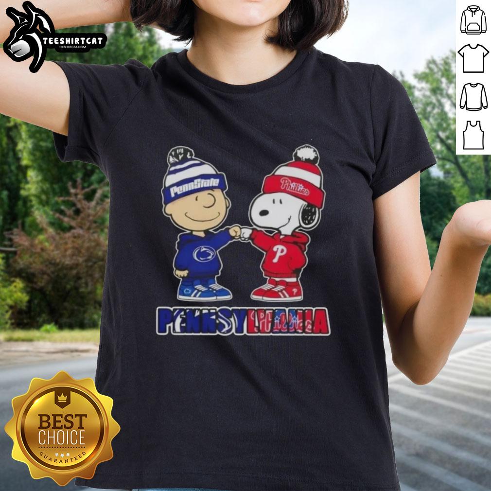 Alt Text: Pretty Charlie Brown fist bump with Snoopy in Pennsylvania, featuring Nittany Lions and Philadelphia Phillies ladies tee.