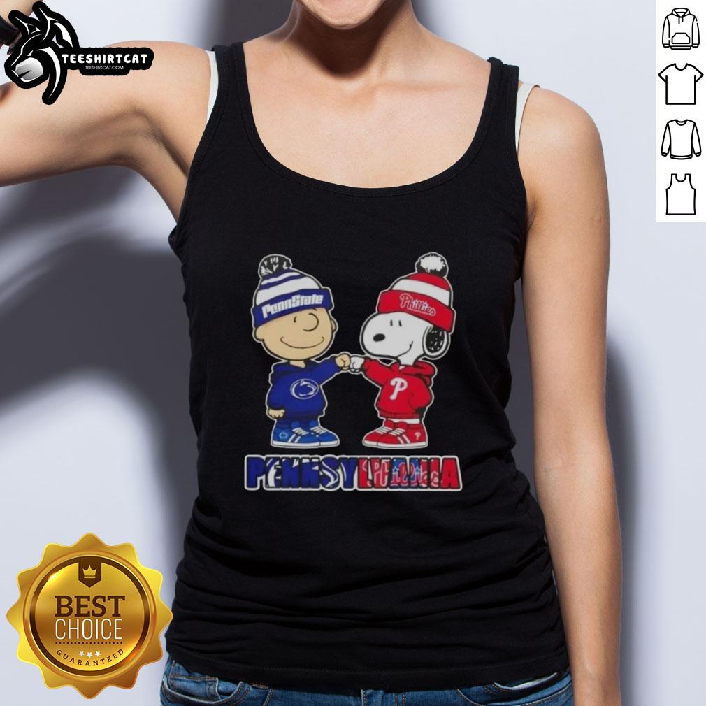 Pretty Charlie Brown fist bump with Snoopy, wearing Nittany Lions and Philadelphia Phillies tank top in Pennsylvania.