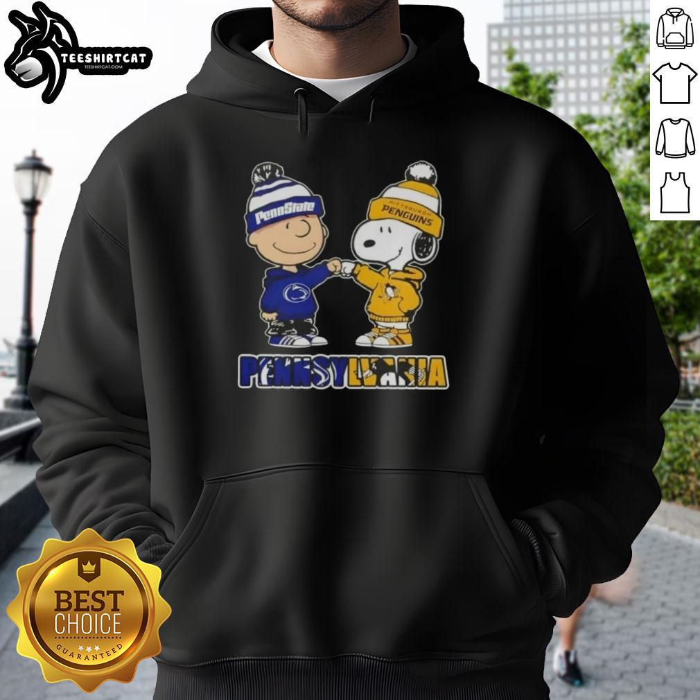 Pretty Charlie Brown fist bump with Snoopy on a Pennsylvania hoodie featuring Nittany Lions and Pittsburgh Penguins logos.