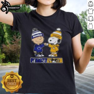 Pretty Charlie Brown fist bump with Snoopy in Pennsylvania, featuring Nittany Lions x Pittsburgh Penguins ladies tee design.