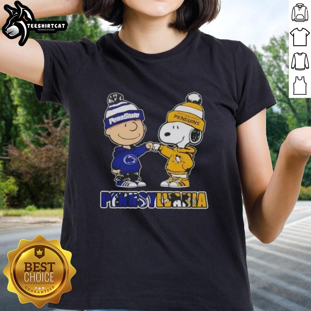 Pretty Charlie Brown fist bump with Snoopy in Pennsylvania, featuring Nittany Lions x Pittsburgh Penguins ladies tee design.