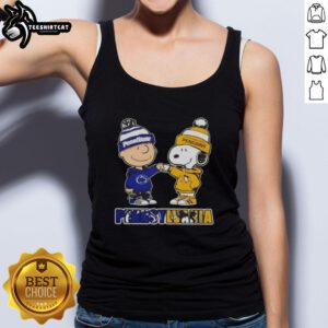Alt Text: Pretty Charlie Brown fist bump with Snoopy on a tank top featuring Nittany Lions and Pittsburgh Penguins design.