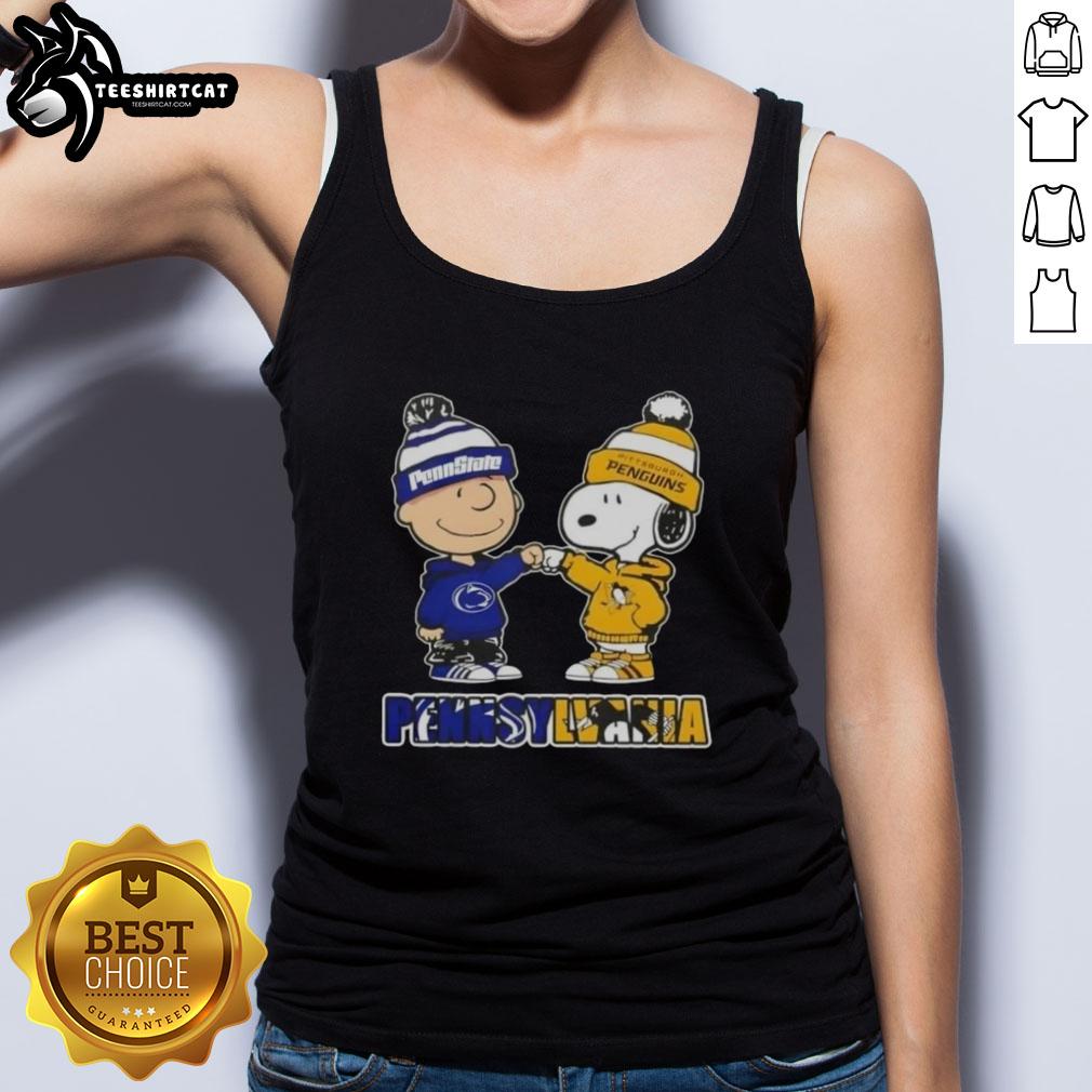 Alt Text: Pretty Charlie Brown fist bump with Snoopy on a tank top featuring Nittany Lions and Pittsburgh Penguins design.